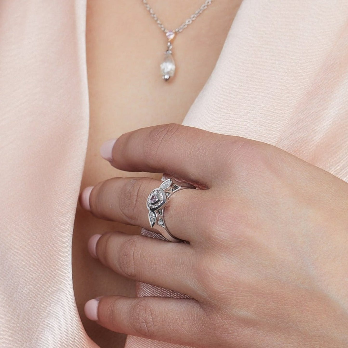Pink & White Pear Diamond Halo Trilogy Ring | 18ct White Gold