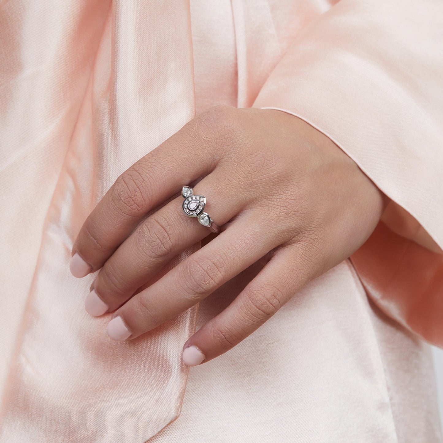 Pink & White Pear Diamond Halo Trilogy Ring | 18ct White Gold