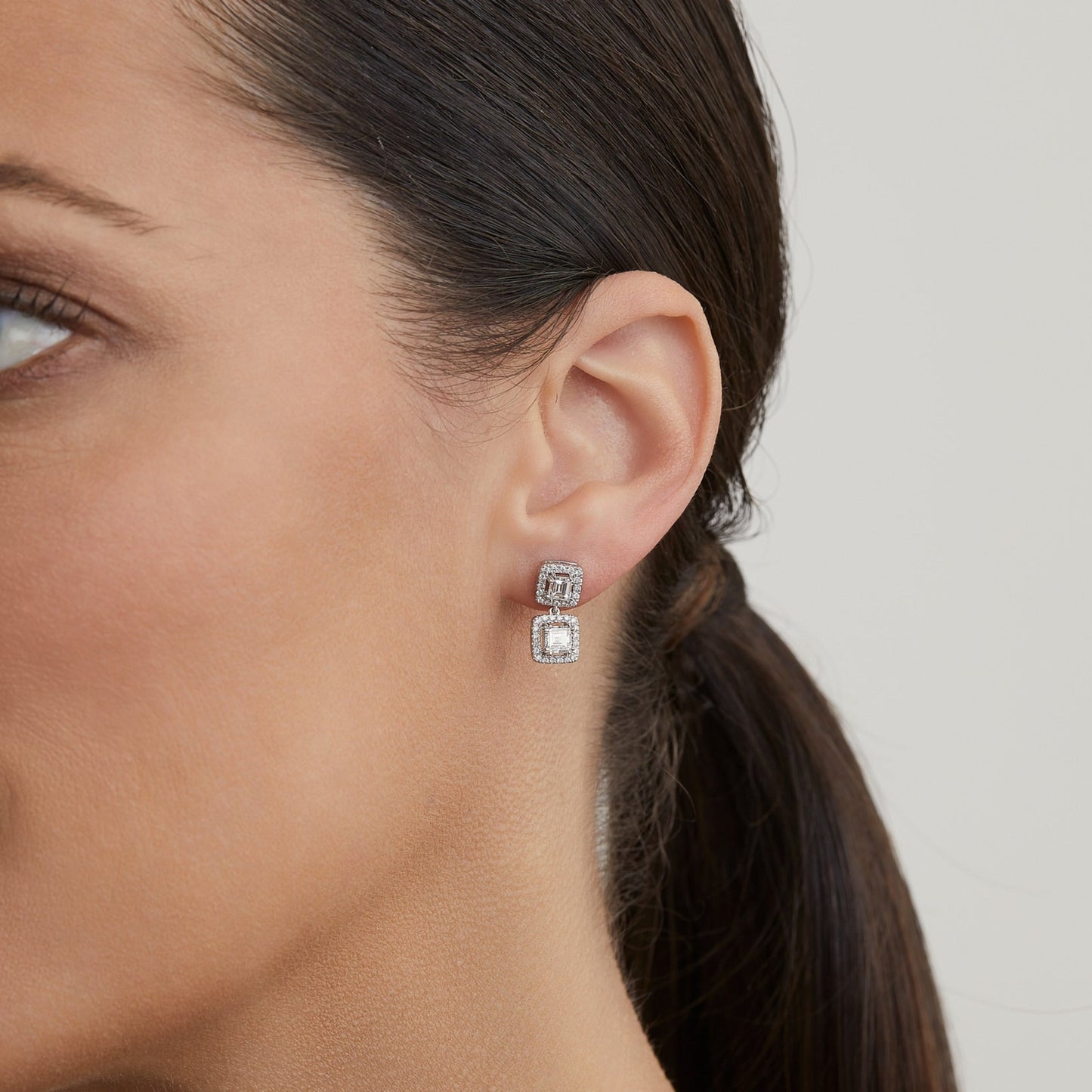 Carre Double Halo Drop Stud Earrings