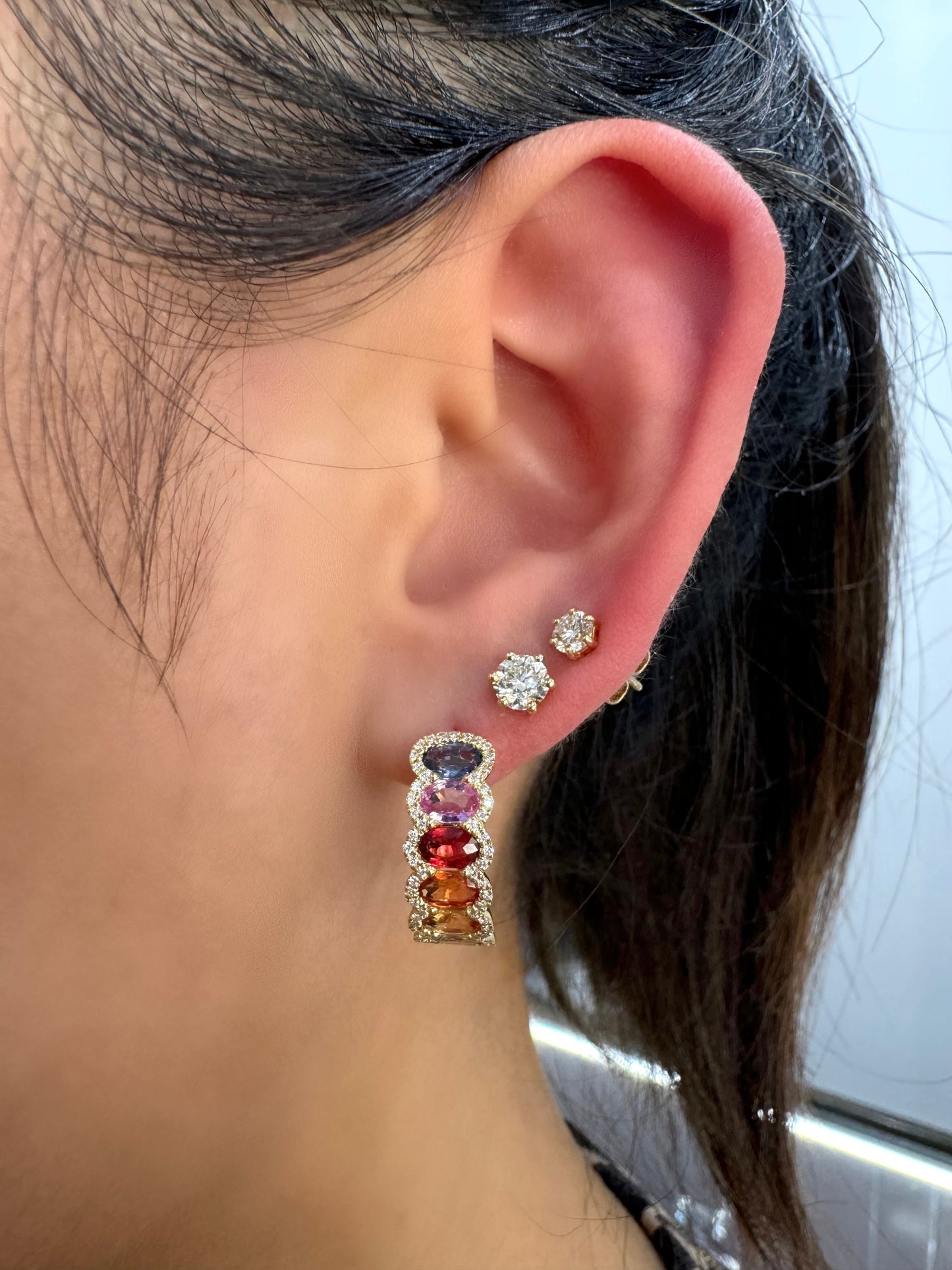 Rainbow Sapphire & Diamond Halo Hoops