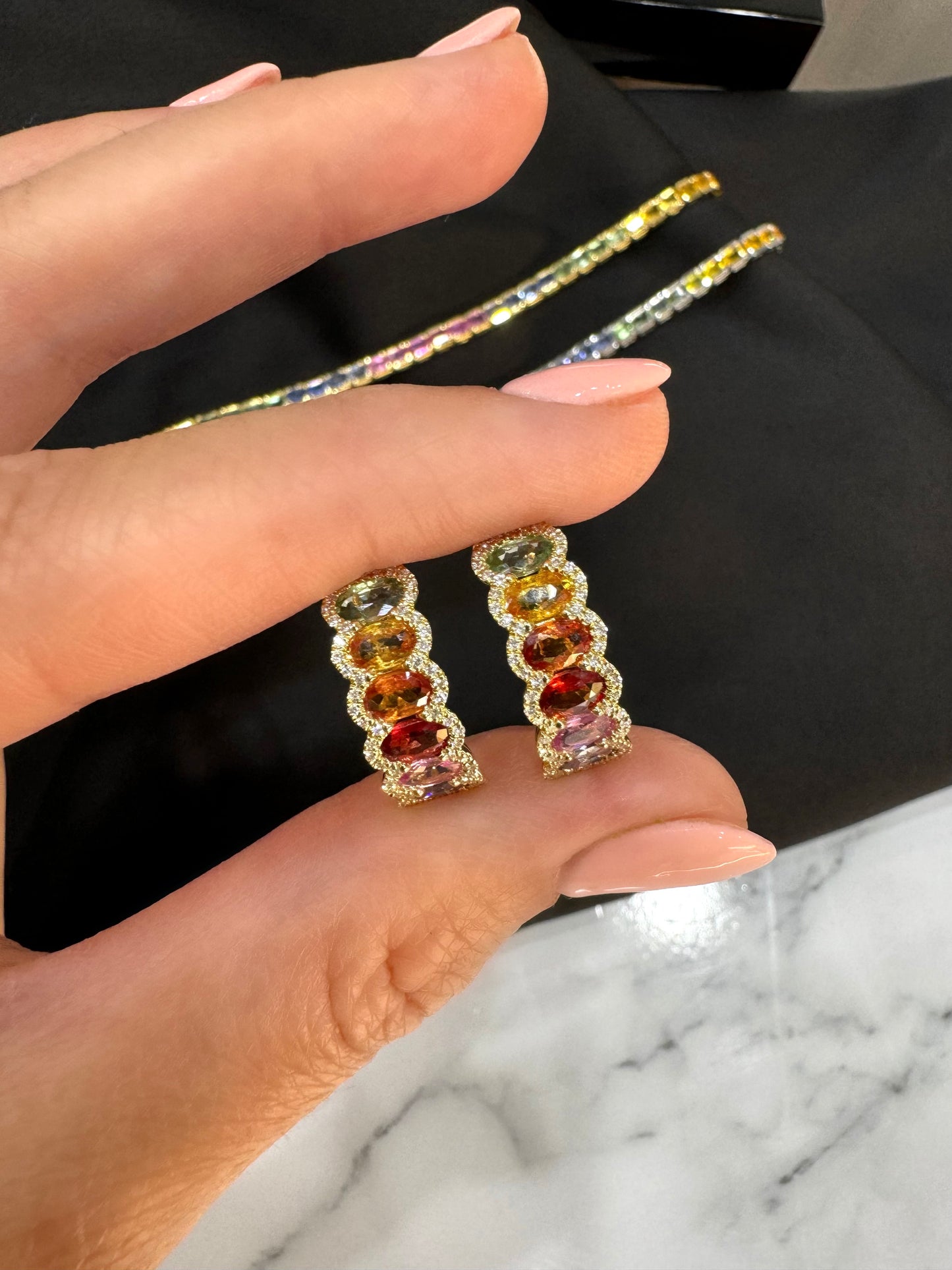 Rainbow Sapphire & Diamond Halo Hoops