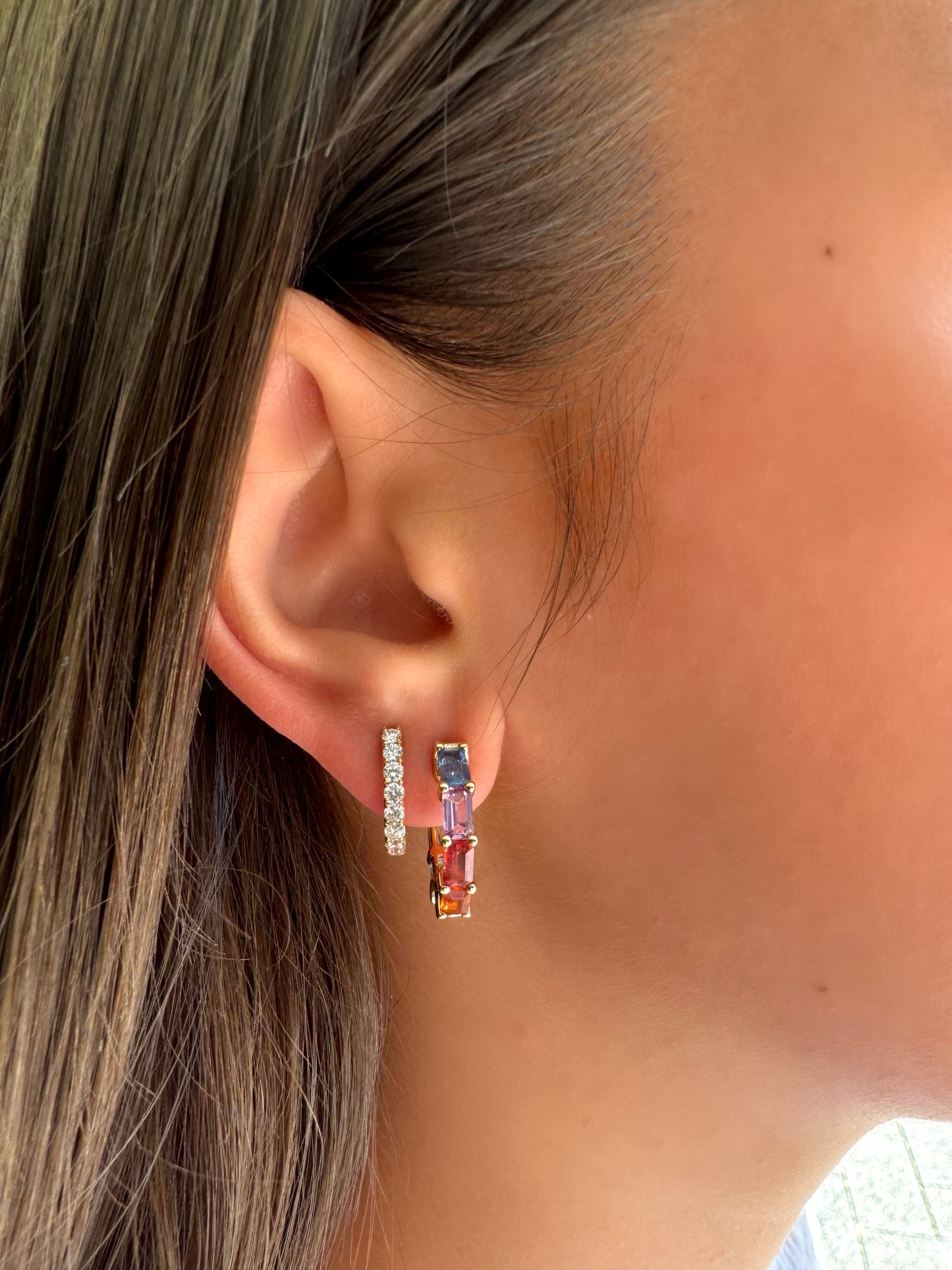 Rainbow Sapphire Emerald Cut Hoops