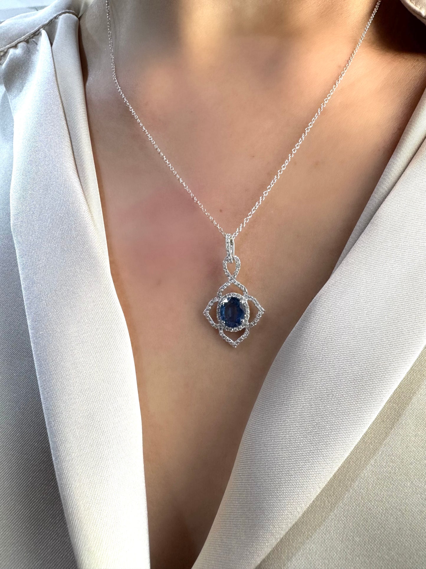 Blue Sapphire & Diamond Four Point Pendant