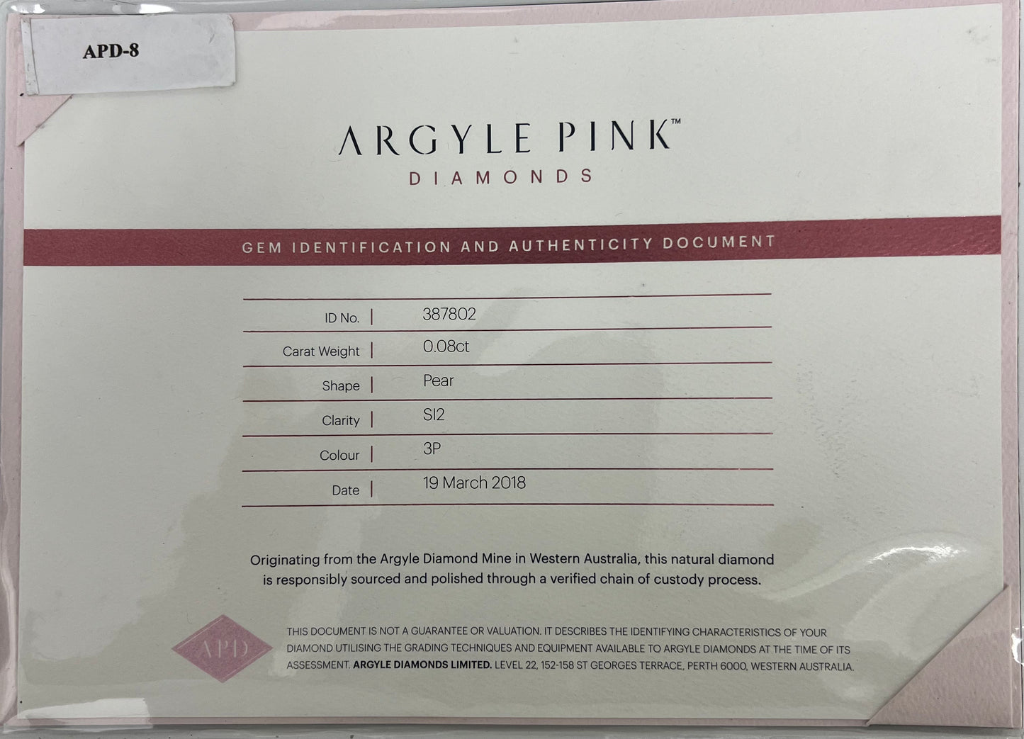 Argyle Pear 0.08ct 3P SI2 Certified Loose Pink Diamond From WA