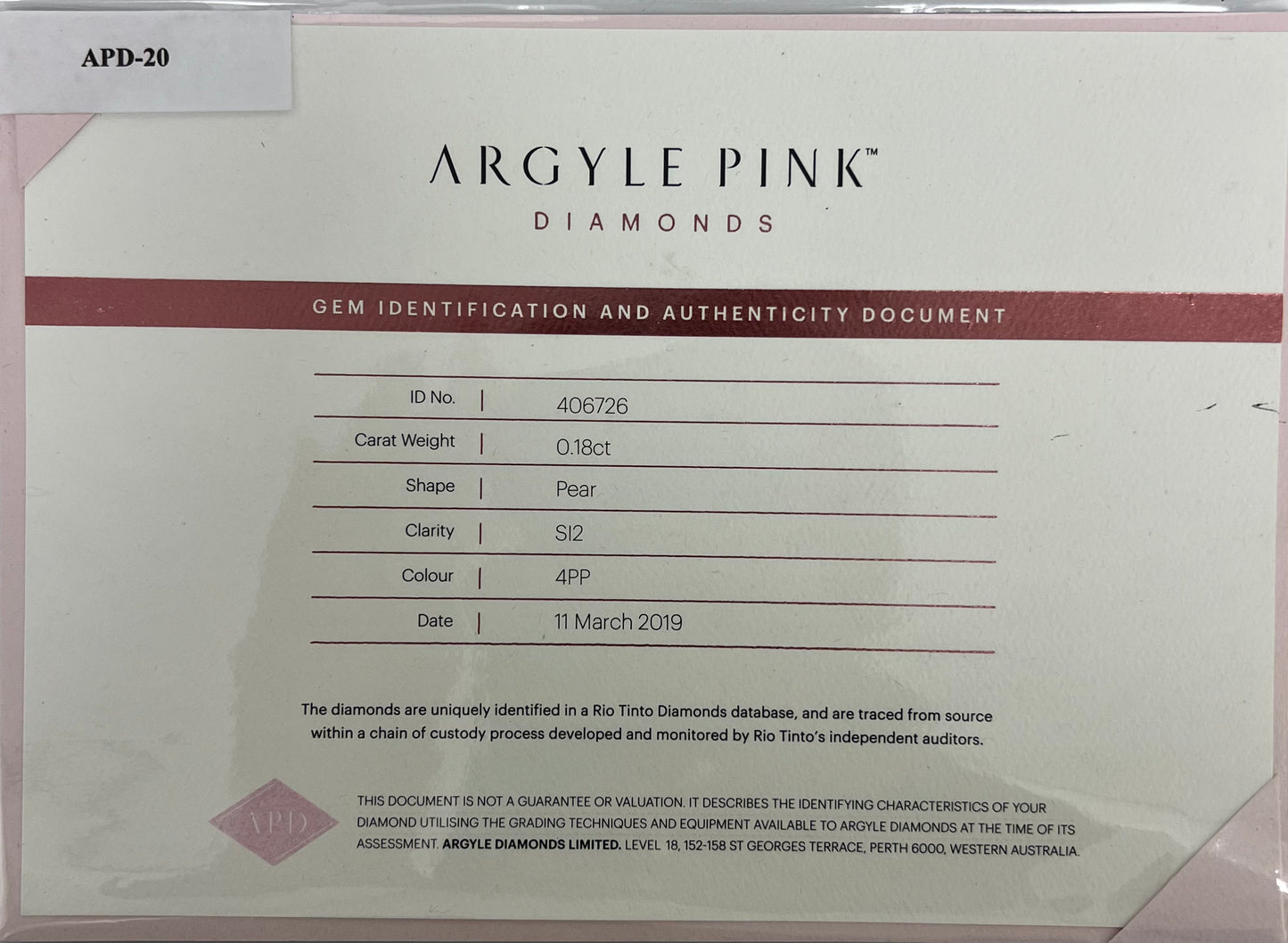 Argyle Pear 0.18ct 4PP SI2 Certified Loose Pink Diamond From WA
