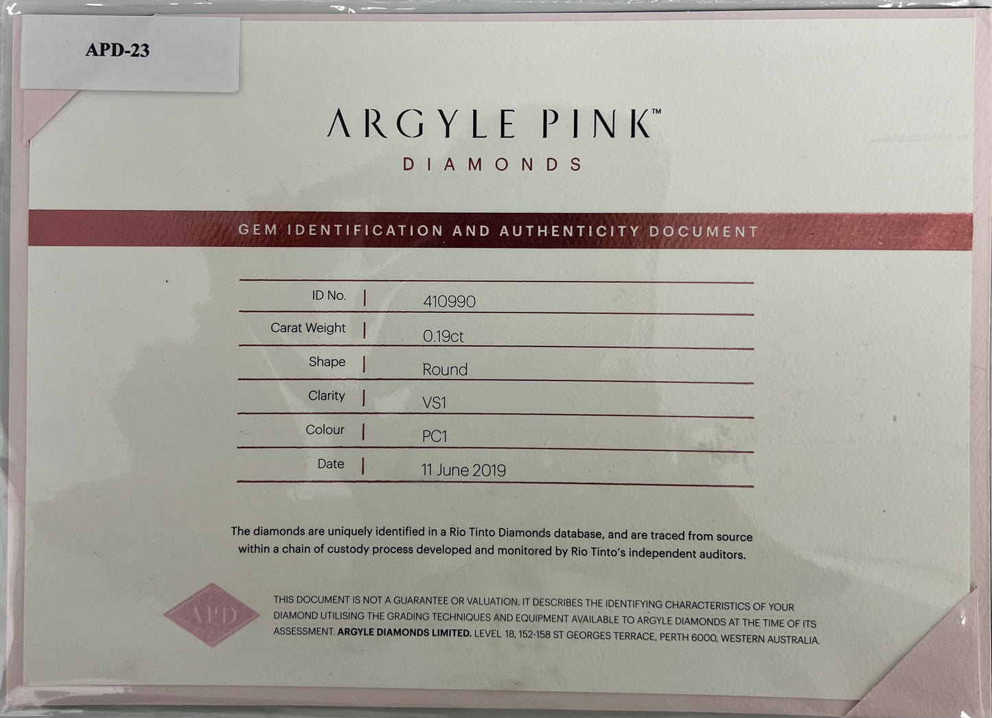 Argyle PC1 RB 0.19ct VS1 Certified Loose Pink Diamond From WA
