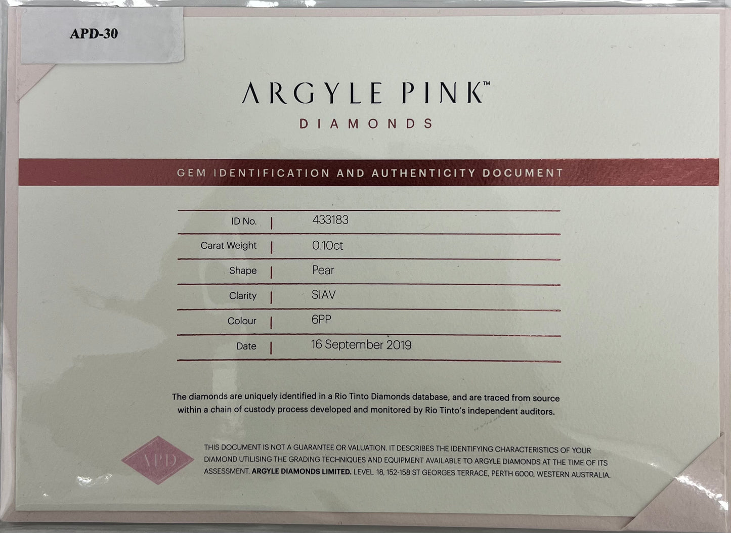Argyle Pear 0.10ct 6PP SIAV Certified Loose Pink Diamond From WA
