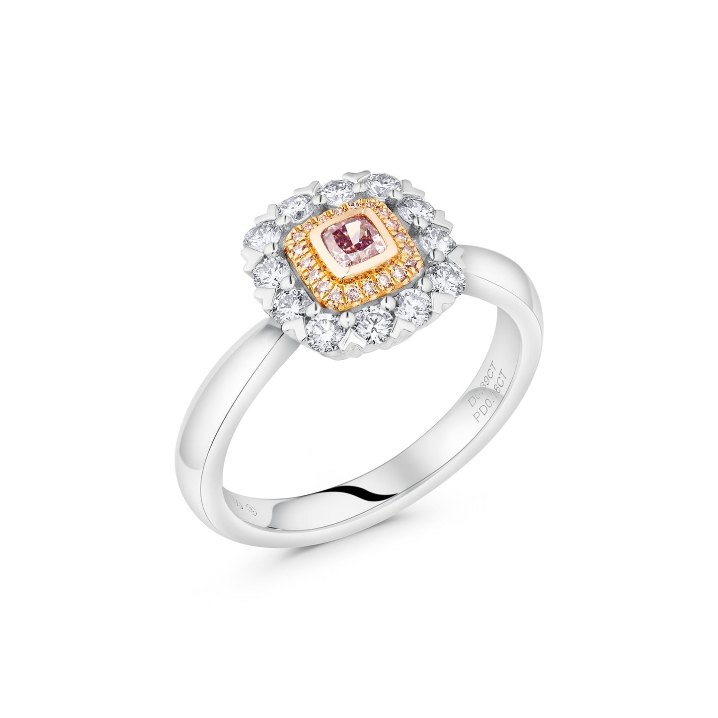 Cushion Pink Diamond With Double Halo In Pink & White Diamonds | 18ct White & Rose Gold