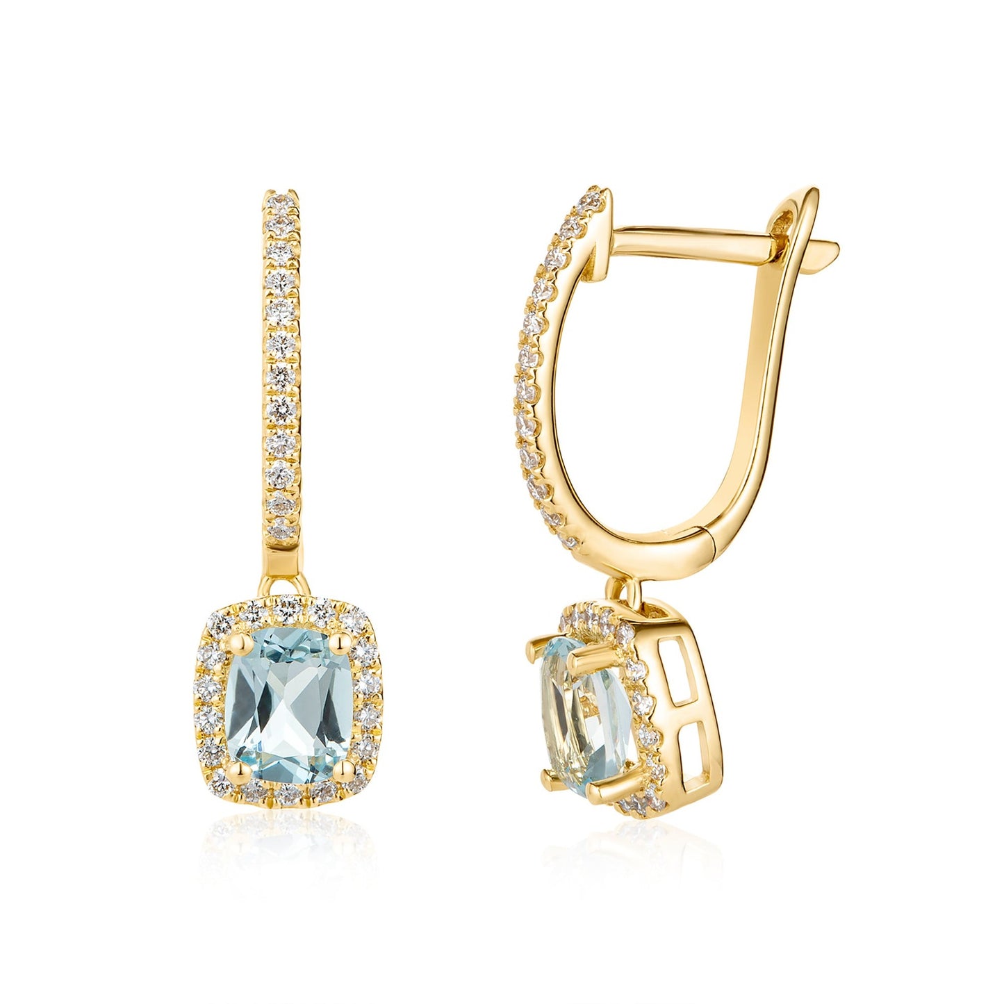 Aqua Light Blue Sapphire & Diamond Halo Drop Earrings