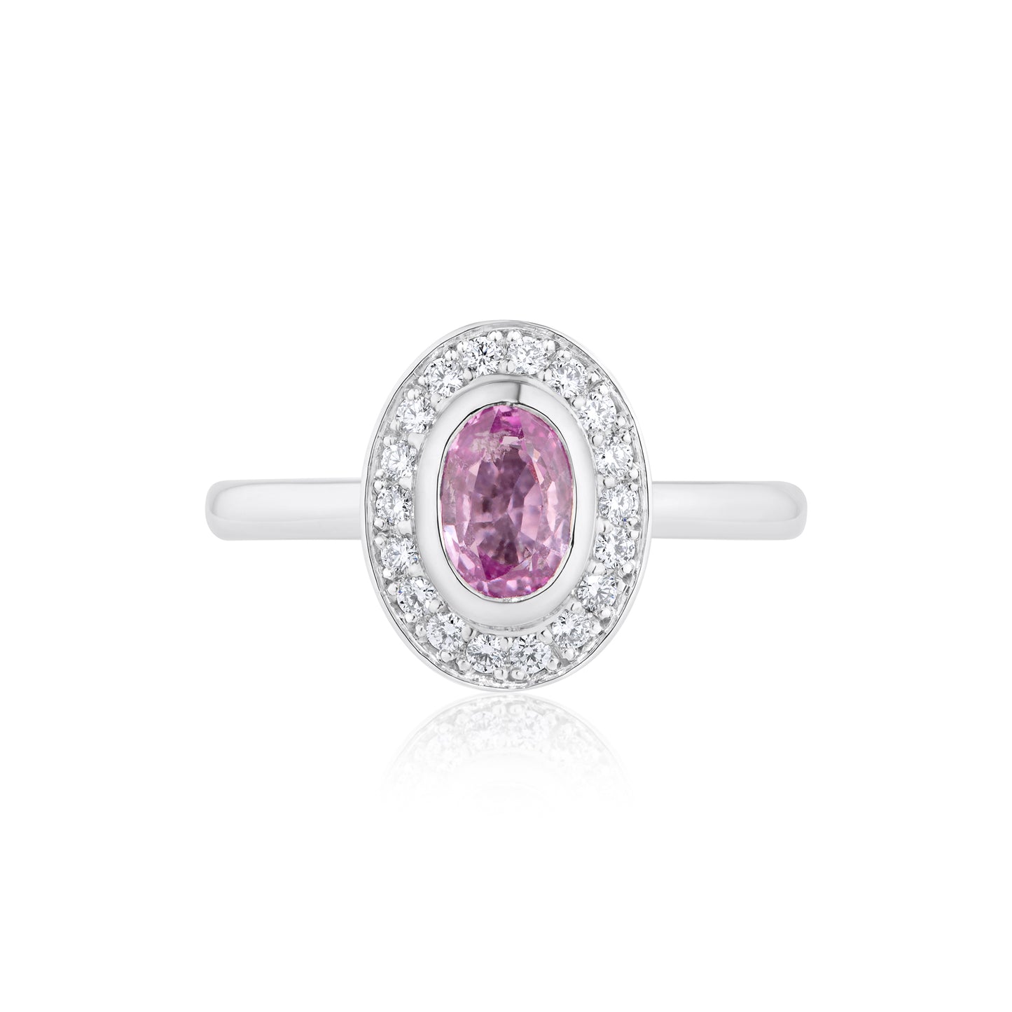 0.80ct Oval Pink Sapphire Bezel Halo Ring