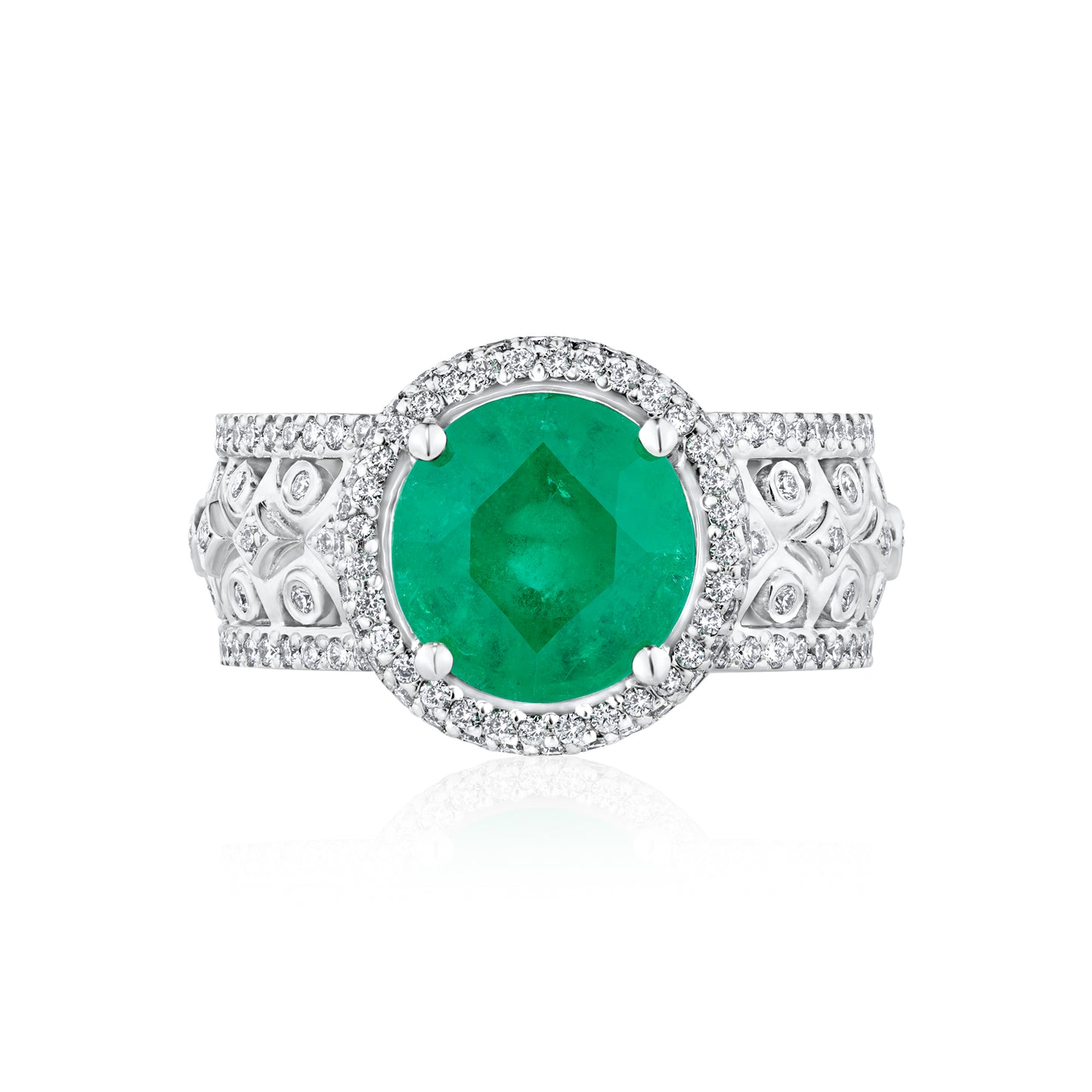 3.04ct Emerald Halo Wide Diamond Ring
