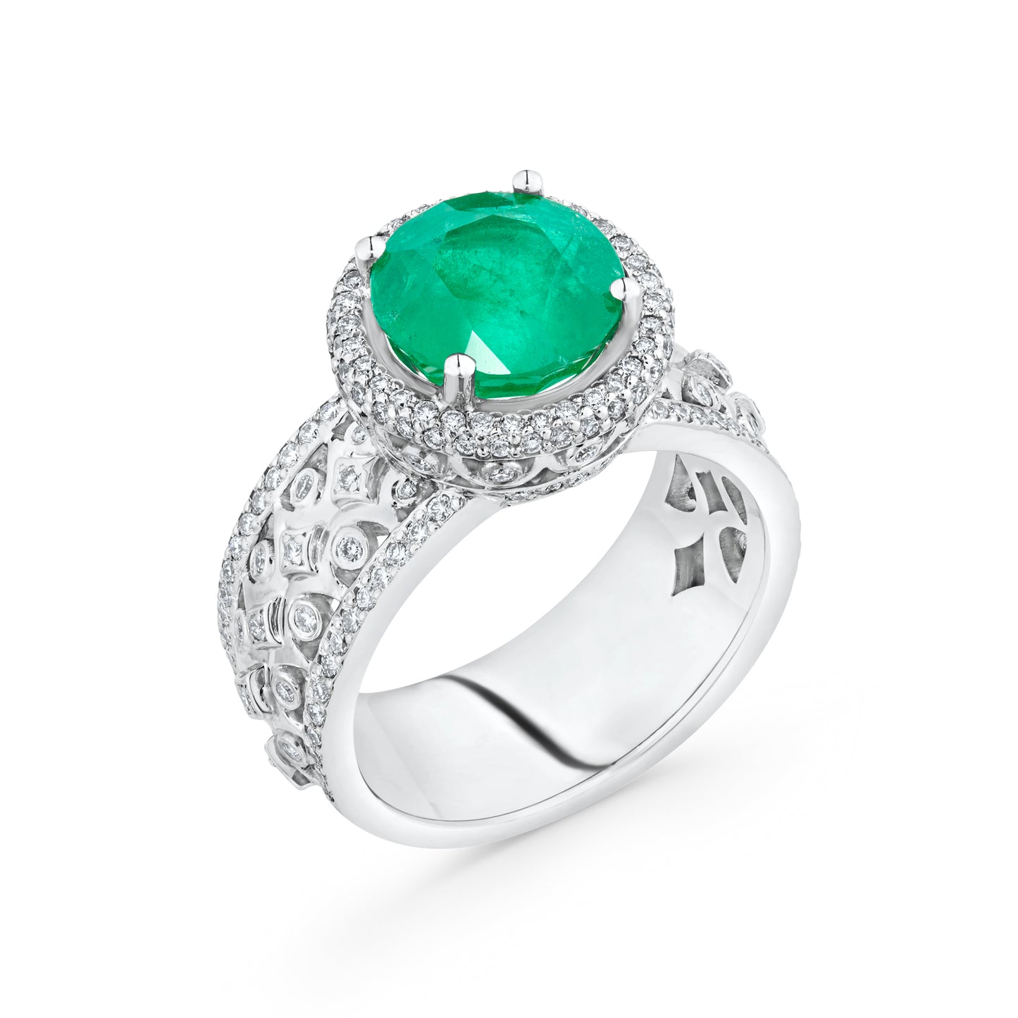 3.04ct Emerald Halo Wide Diamond Ring
