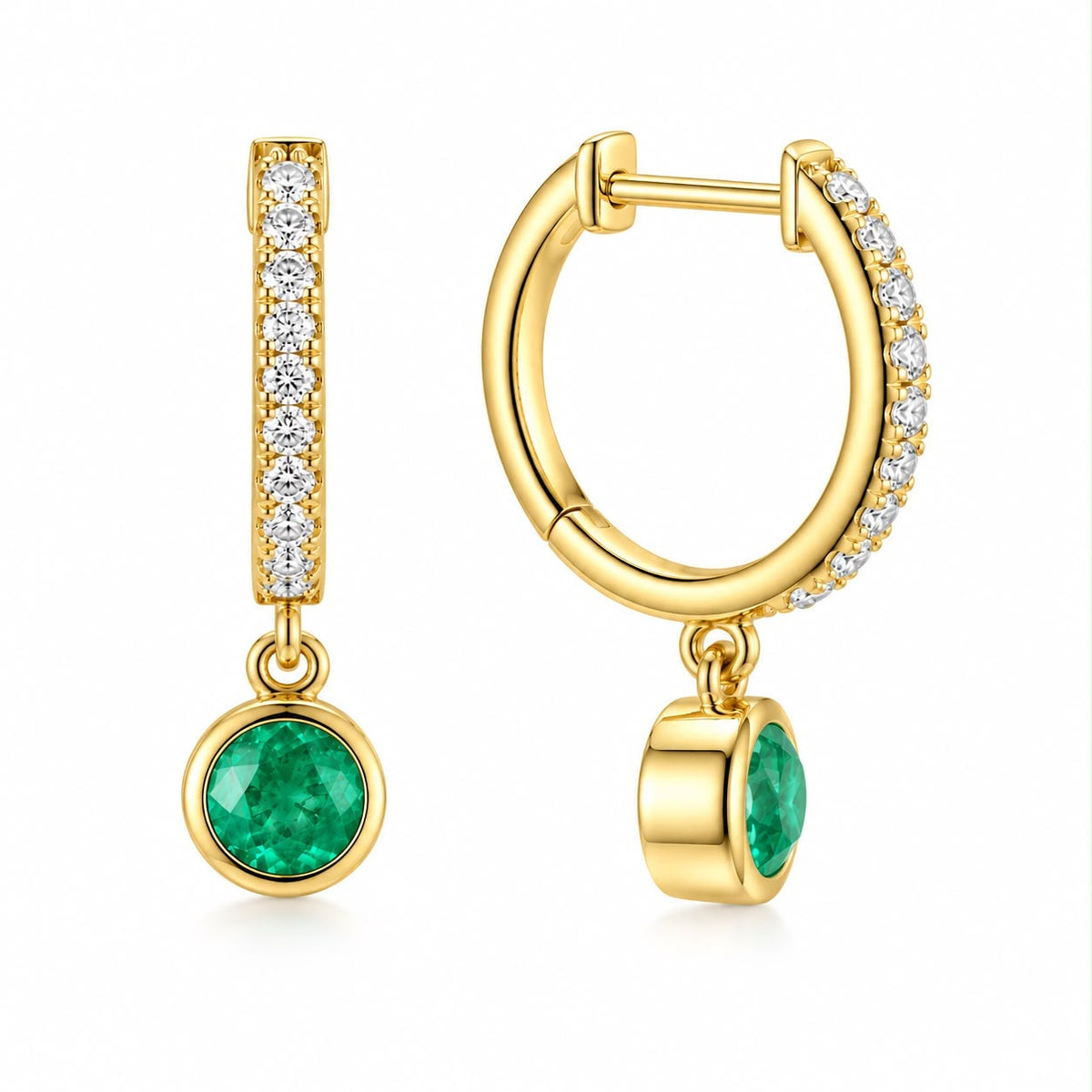 Colombian Emerald & Diamond Drop-Huggie Earrings in 18ct Yellow Gold