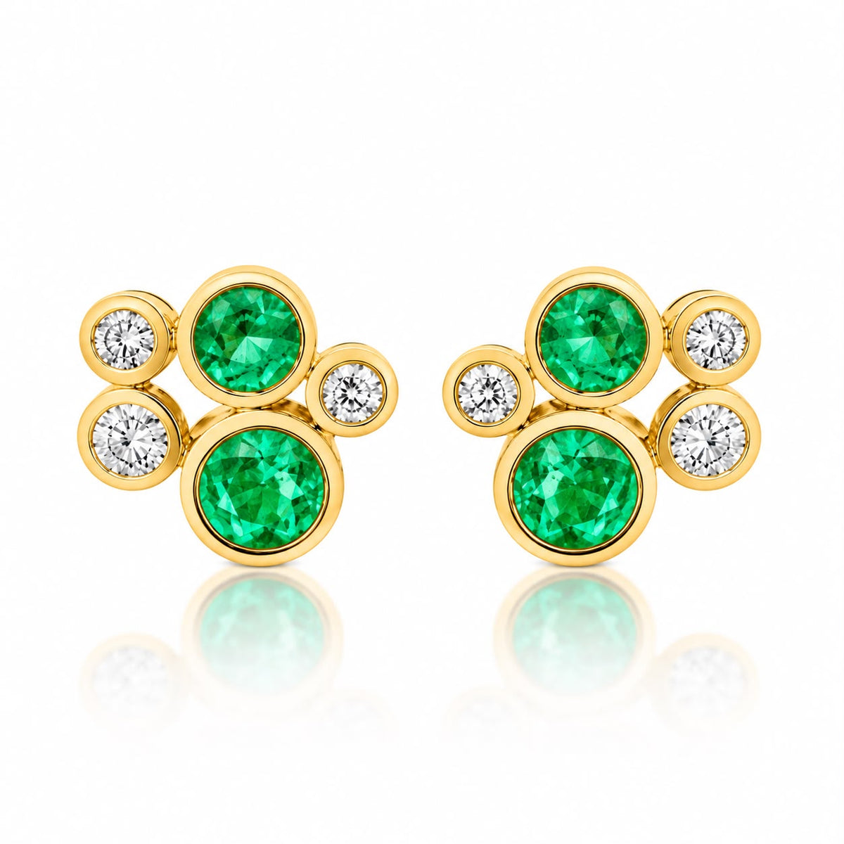 Colombian Emerald & Diamond Bezel Cluster Stud Earrings