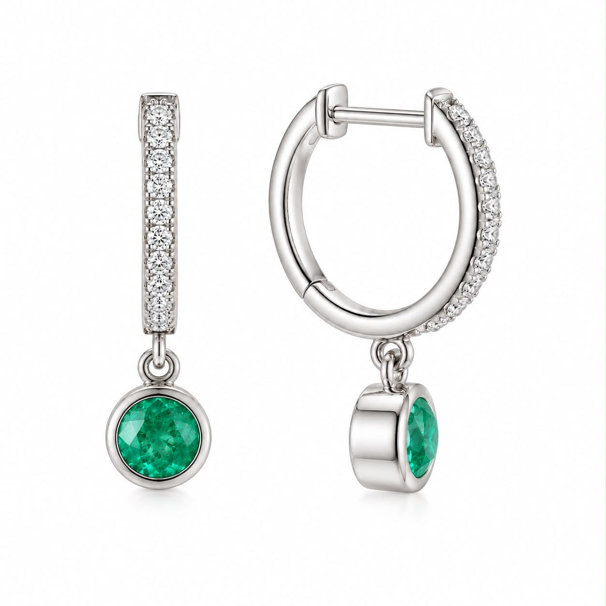 Colombian Emerald & Diamond Drop-Huggie Earrings in 18ct White Gold