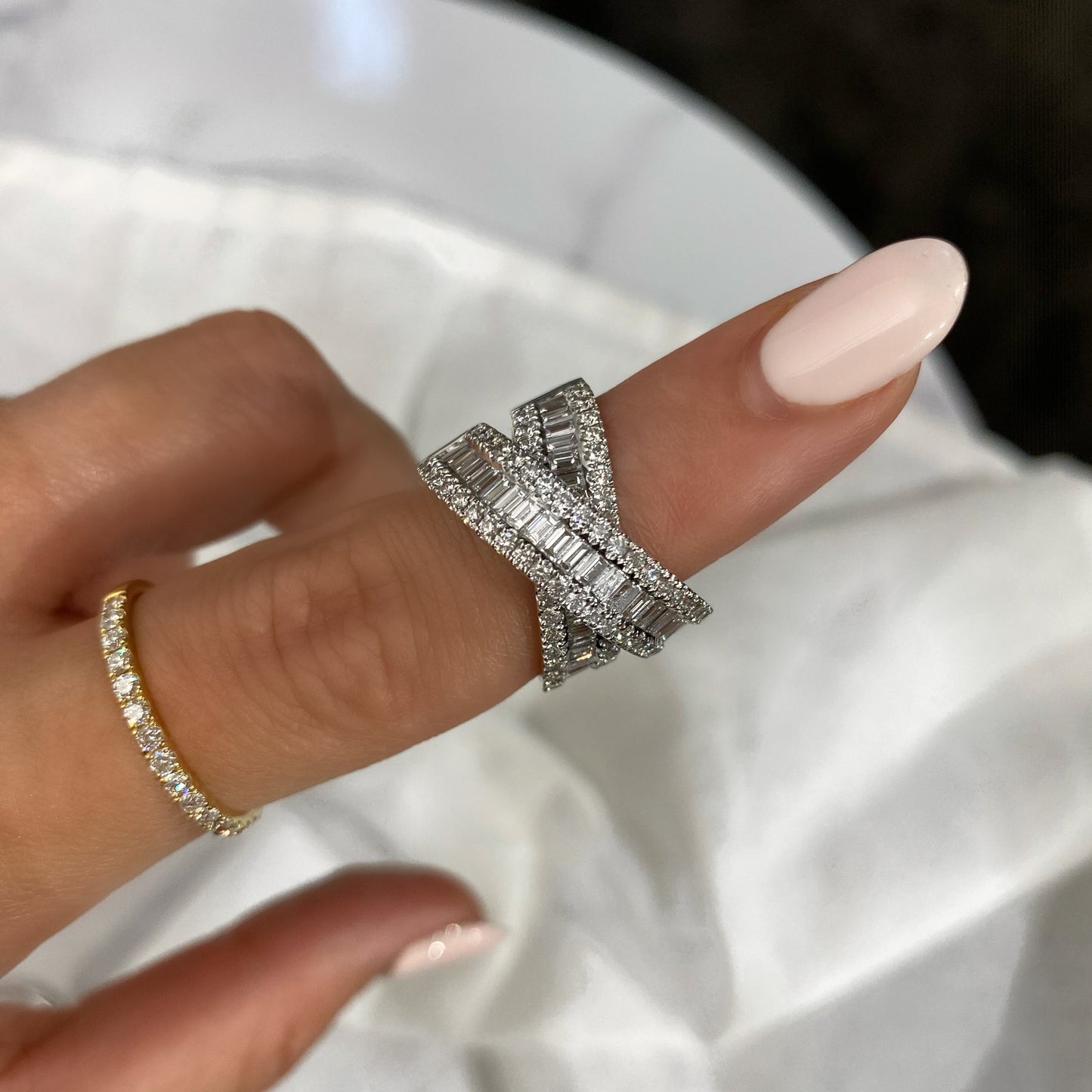 Wide Baguette Crossover Ring