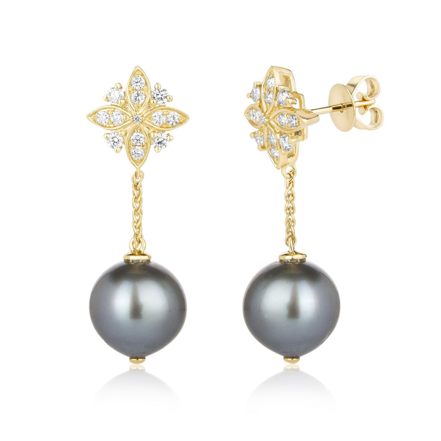 Tahitian Pearl and Diamond Flower Drop Earrings