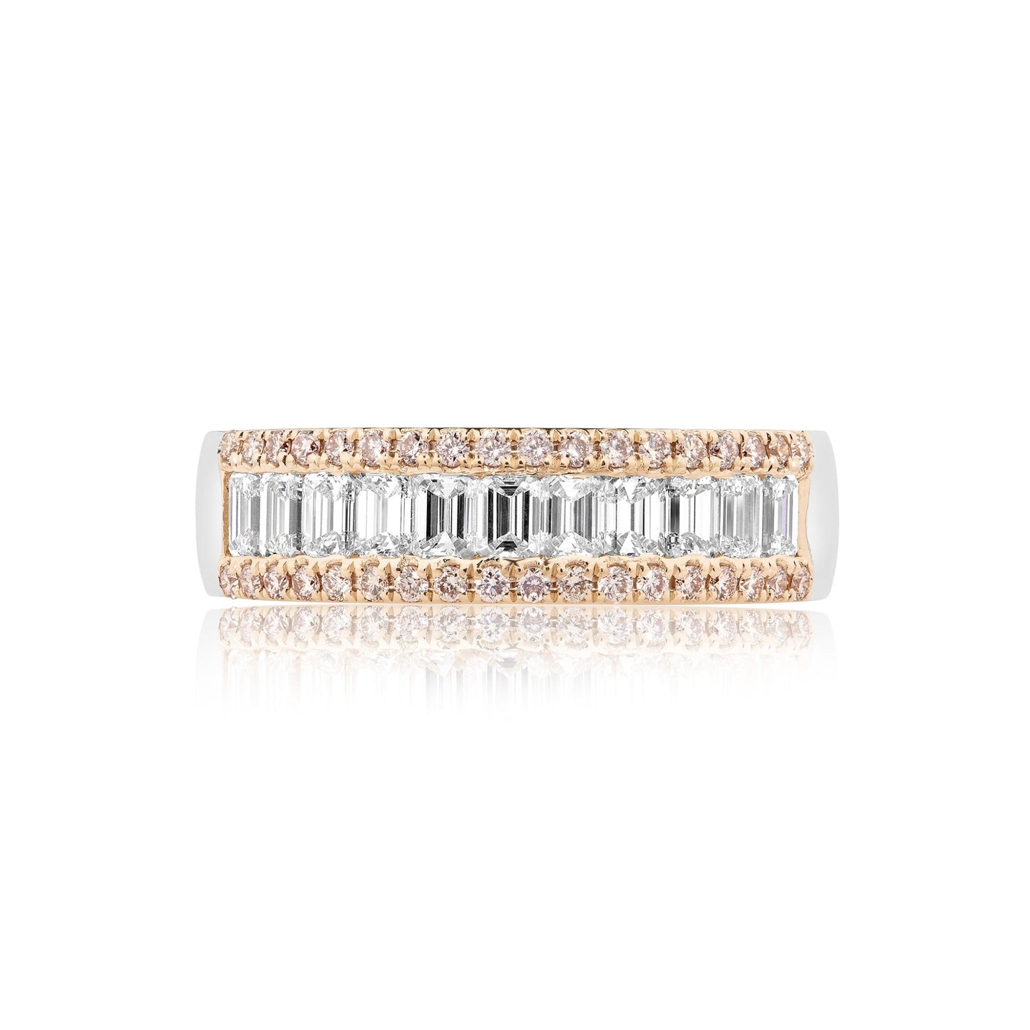 Emerald 3 Row Pink & White Diamond Ring | 18ct White & Rose Gold