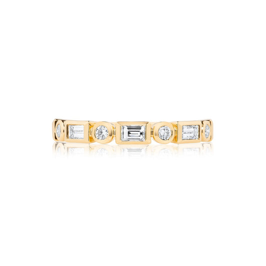 Baguette & Round Brilliant Bezel 9 Diamond Ring | 18ct Yellow Gold