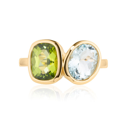 Peridot & Aquamarine Bezel Set Toi Et Moi Ring