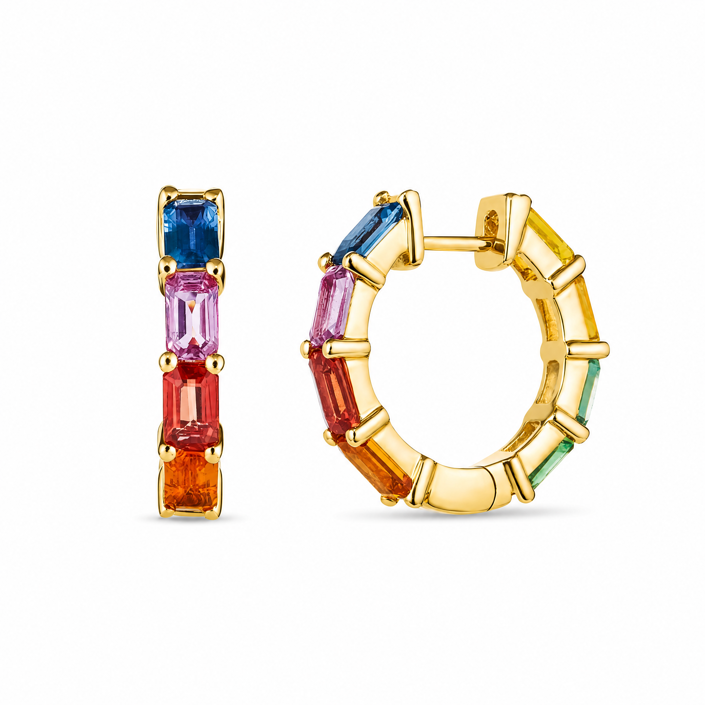 Emerald Cut Rainbow Sapphire Hoop Earrings