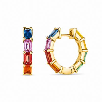 Emerald Cut Rainbow Sapphire Hoop Earrings