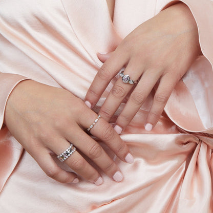 Pink & White Pear Diamond Halo Trilogy Ring | 18ct White Gold