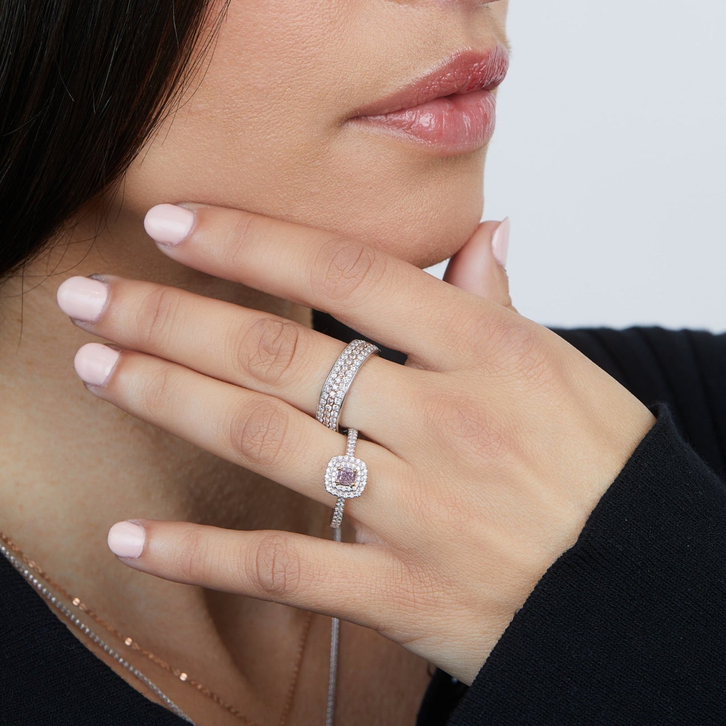 Three Row Pink & White Diamond Ring | 18ct White & Rose Gold