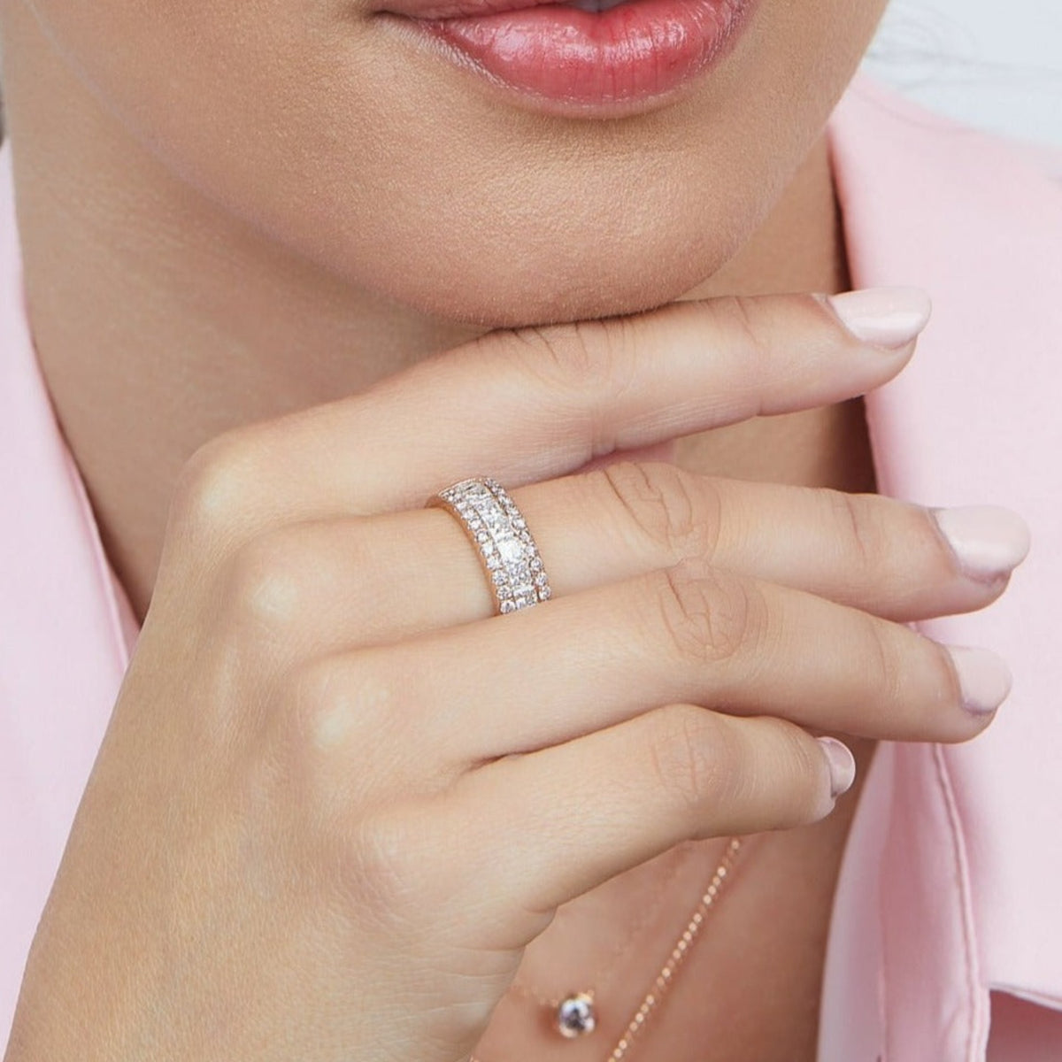 Three Row Radiant Pink & White Diamond Band | 18ct Rose Gold