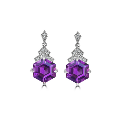 Hexagonal Amethyst & Diamond Earrings