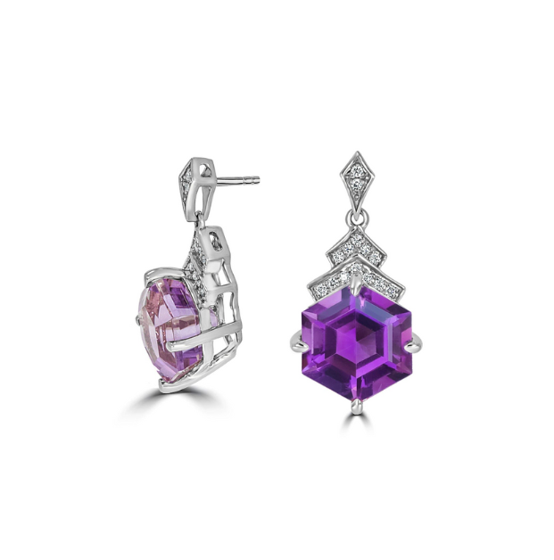 Hexagonal Amethyst & Diamond Earrings