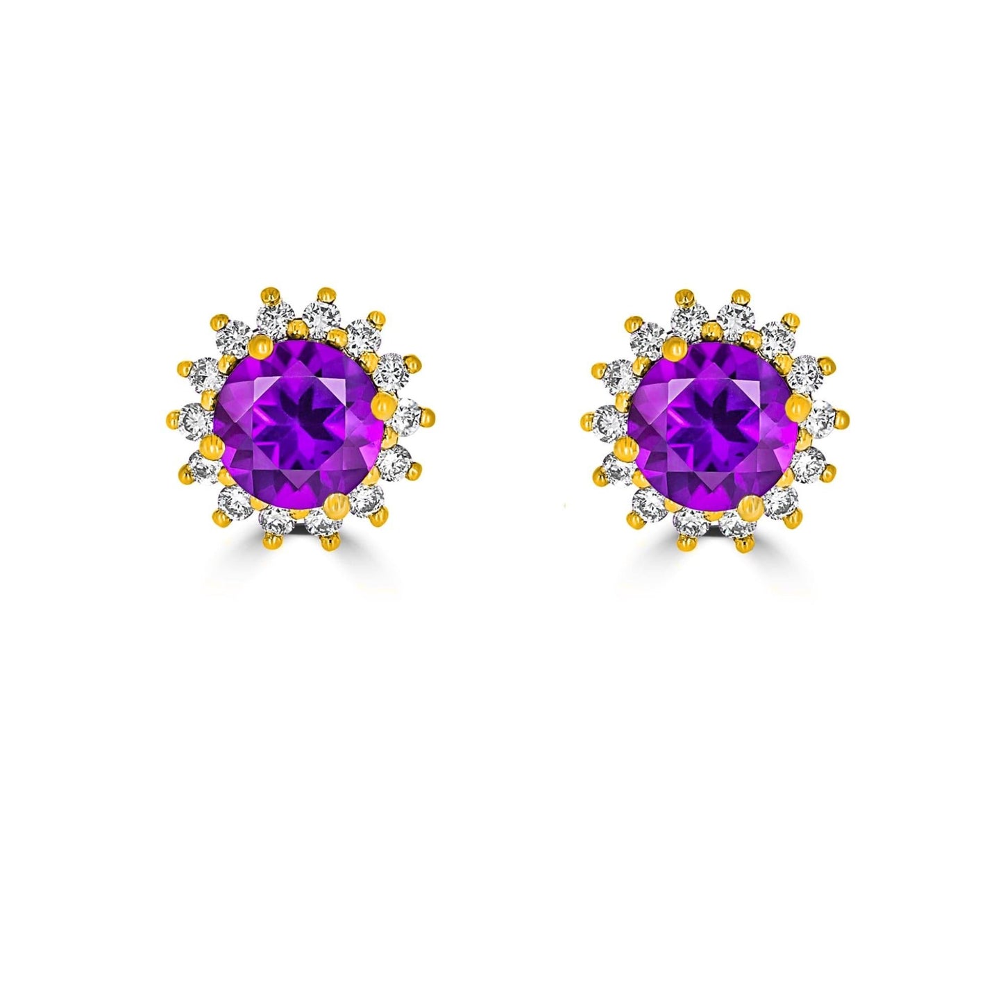 Pair of Round Brillian Cut Amethyst set in Halo Diamond Earrings