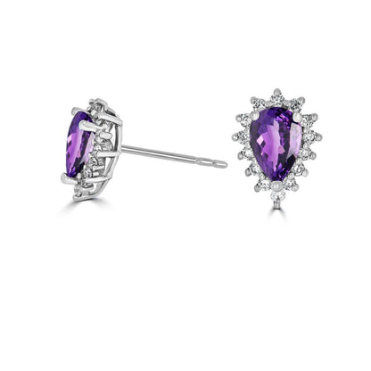 Matching Pair of Pear-shaped Amethyst and Halo Diamond Earrings