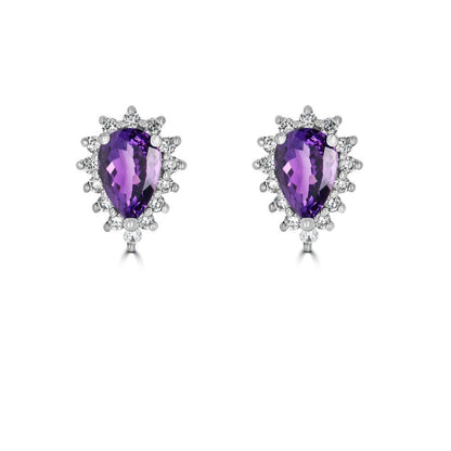 Matching Pair of Pear-shaped Amethyst and Halo Diamond Earrings