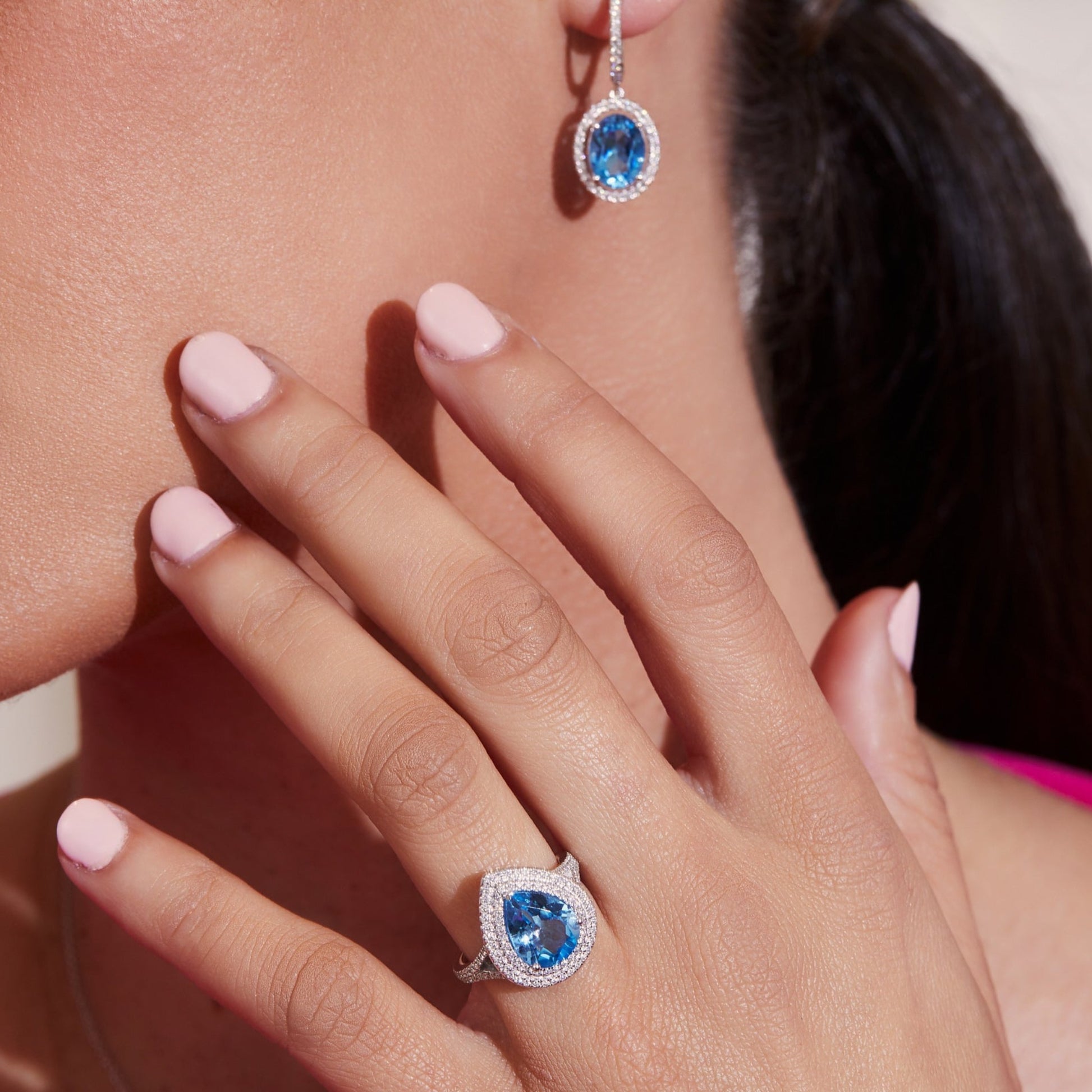 Blue Pear Topaz & Double Halo Diamond Ring | 18ct White Gold