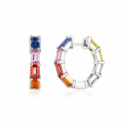 Emerald Cut Rainbow Sapphire Hoop Earrings