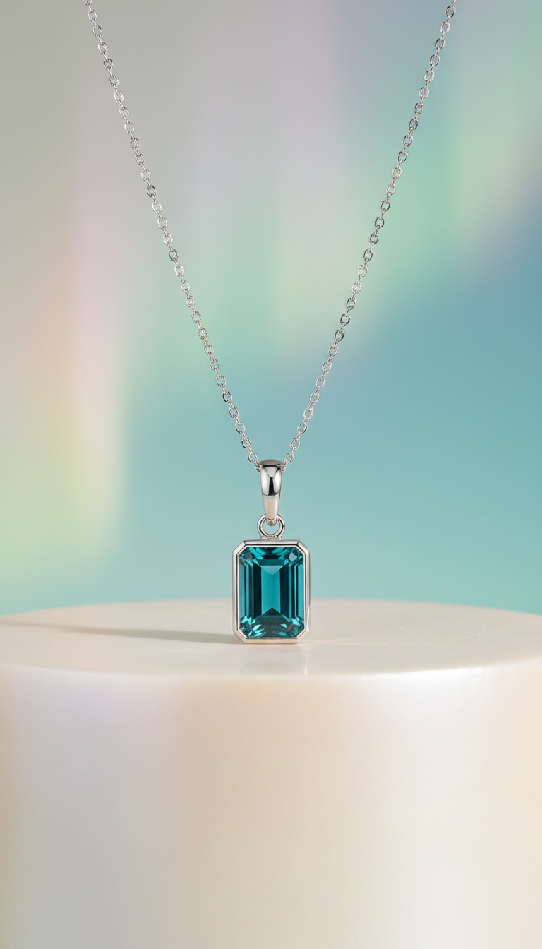 Emerald-Cut Pendant Necklace with Teal Diamond