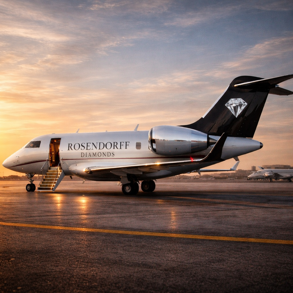 Private jet with 'Rosendorff Diamonds' branding on a runway at sunset.