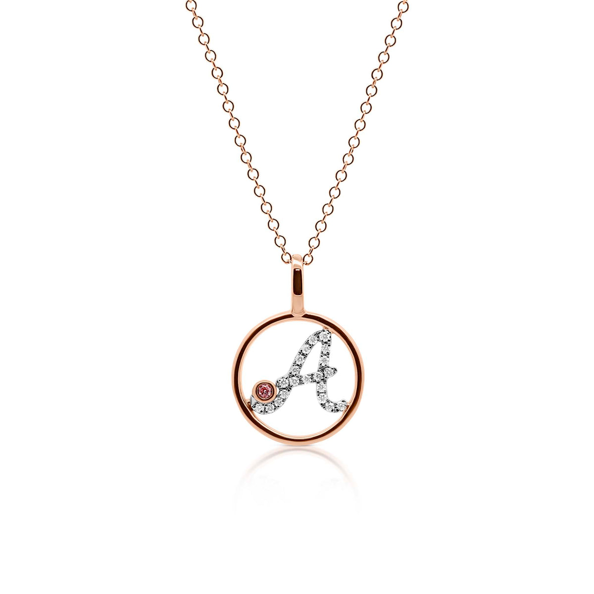 Circle Initial A pendant with pink diamond