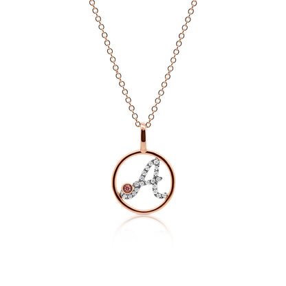 Circle Initial A pendant with pink diamond