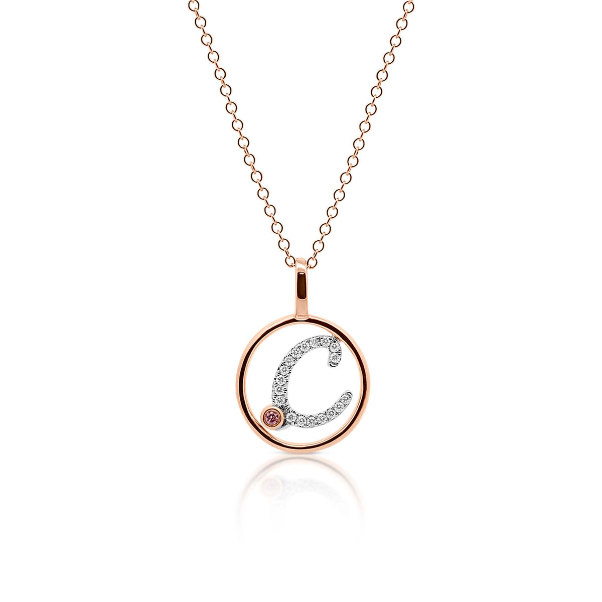 Circle Initial C pendant with pink diamond