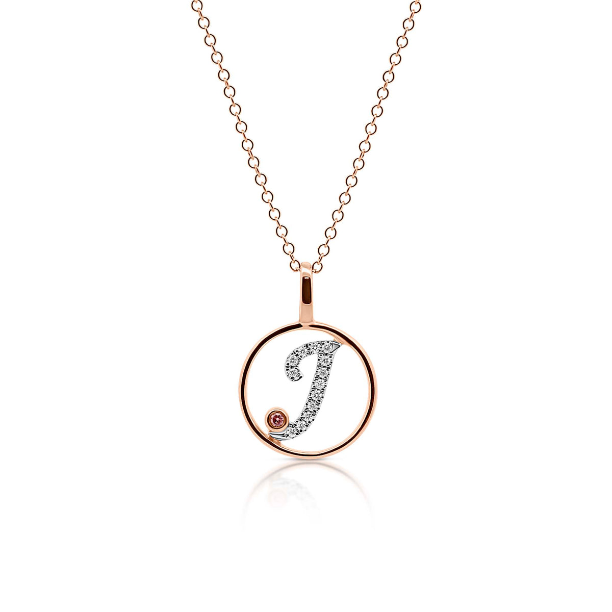 Circle Initial J pendant with pink diamond