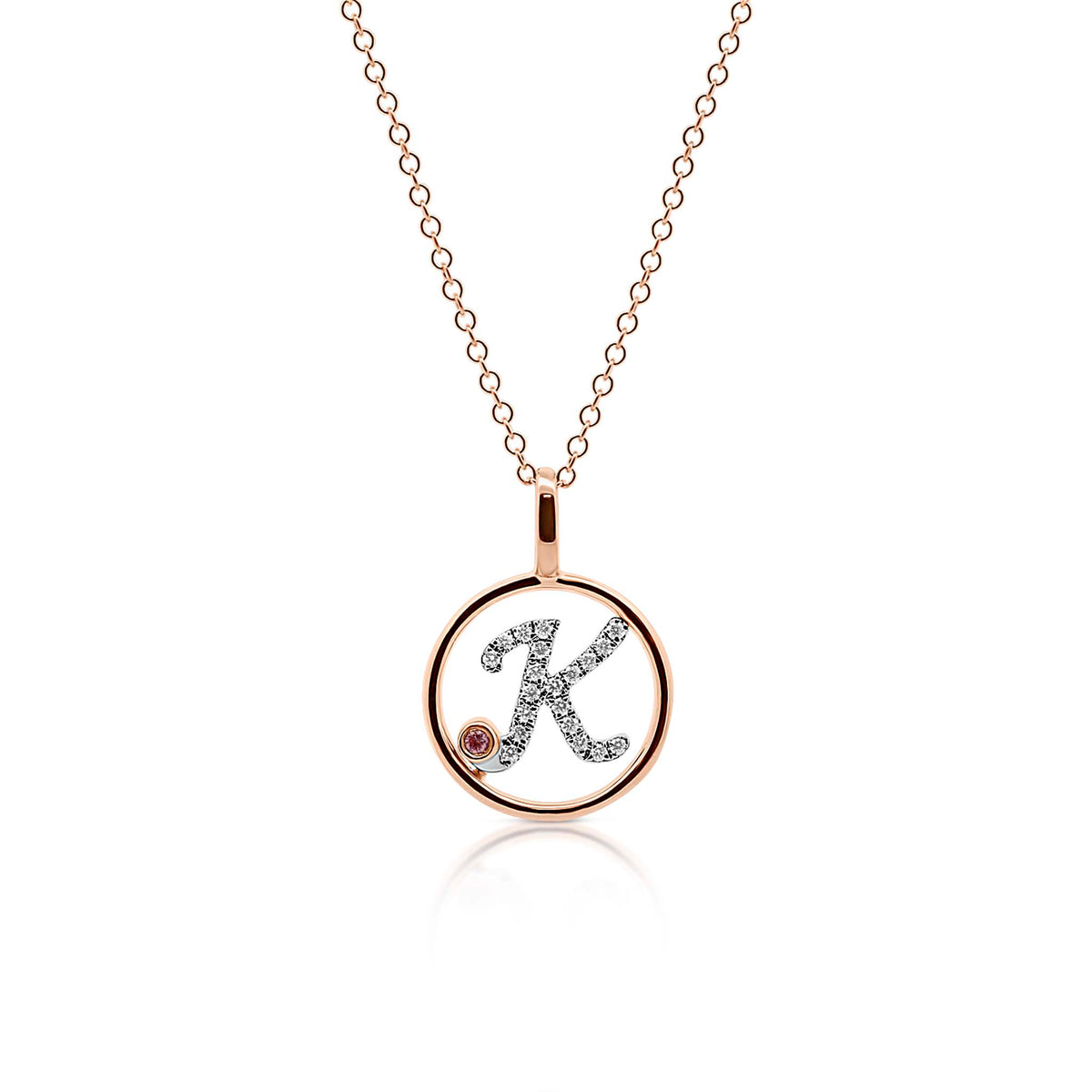 Circle Initial K pendant with pink diamond