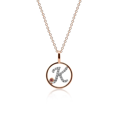 Circle Initial K pendant with pink diamond