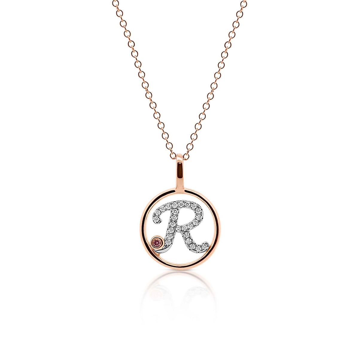 Circle Initial R pendant with pink diamond