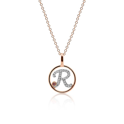Circle Initial R pendant with pink diamond