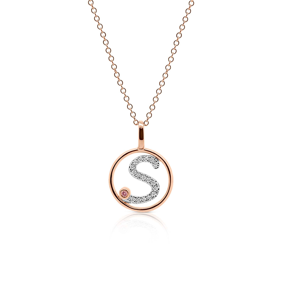 Circle Initial S pendant with pink diamond