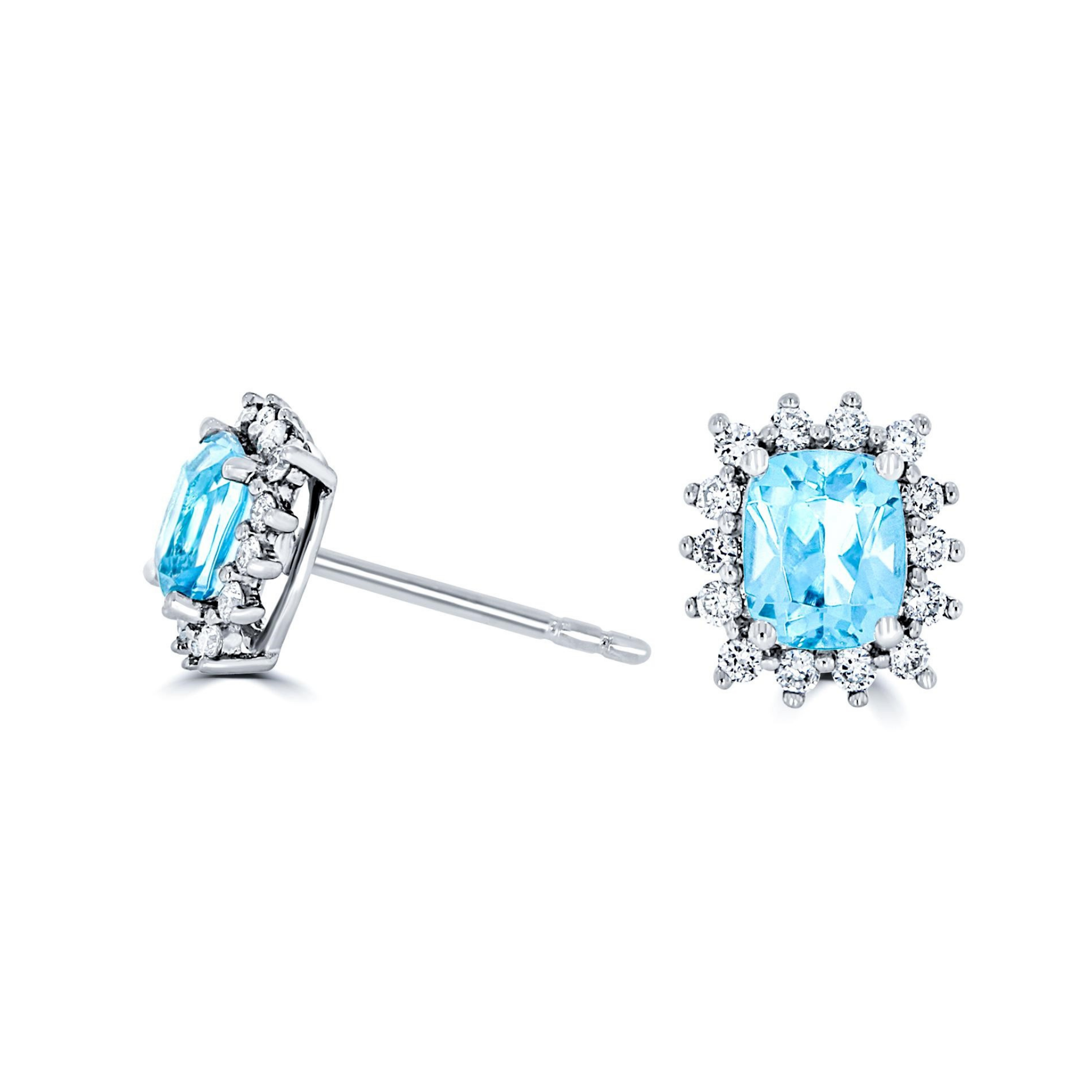 Cushion Aquamarine and Diamond Halo Stud Earrings