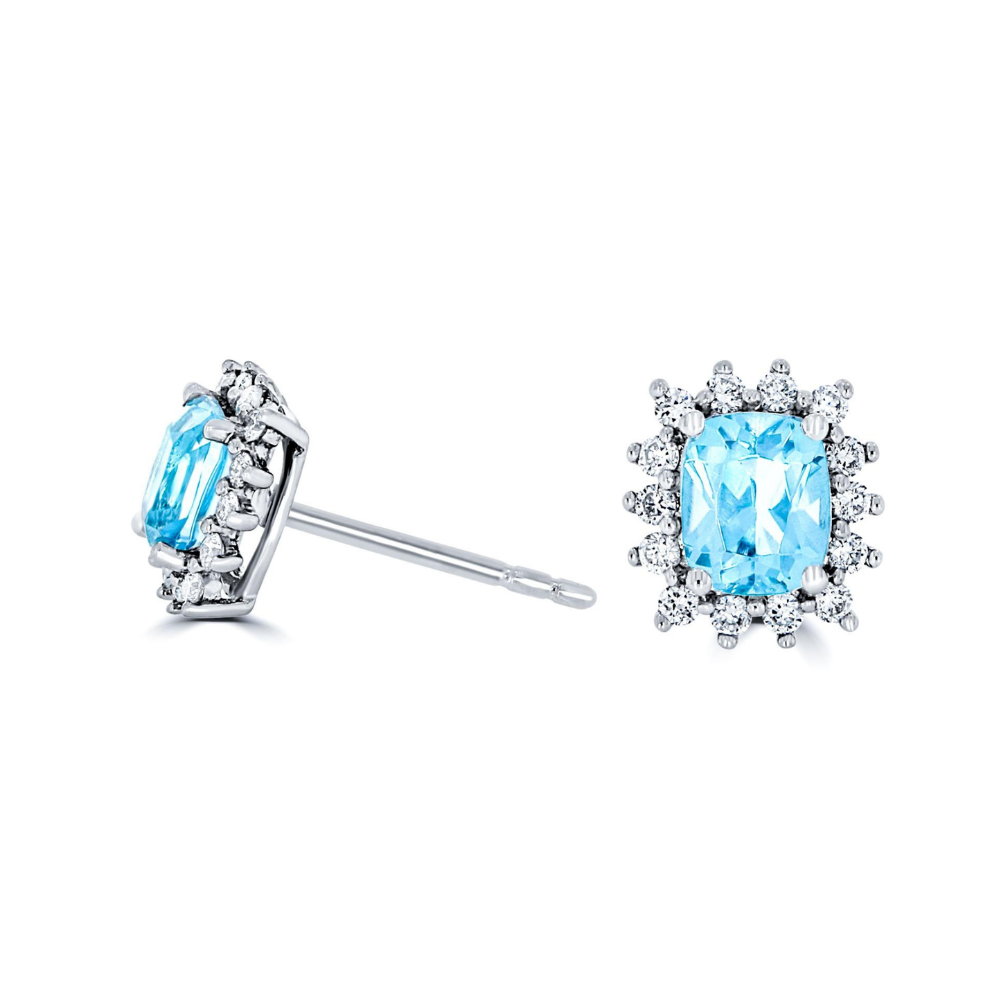 Cushion Aquamarine and Diamond Halo Stud Earrings