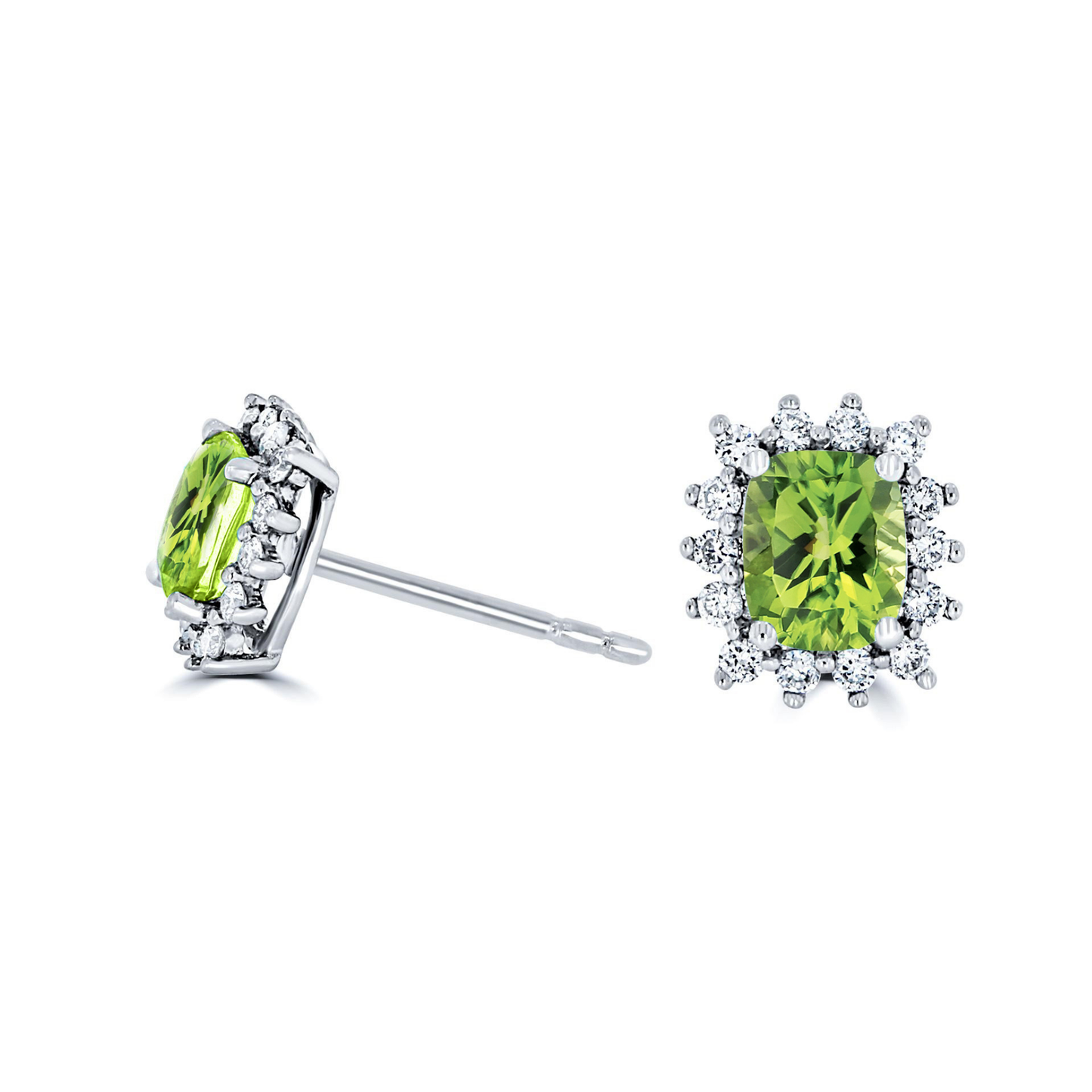 Cushion Peridot and Diamond Halo Stud Earrings